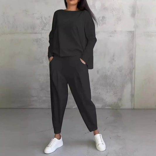 Women's Irregular Suit Long-sleeved Round Neck Top And Loose Harem Pants With Pockets Ins Fashion Trousers Set Women's Clothing - Dlivs