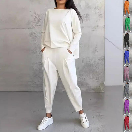 Women's Irregular Suit Long-sleeved Round Neck Top And Loose Harem Pants With Pockets Ins Fashion Trousers Set Women's Clothing - Dlivs